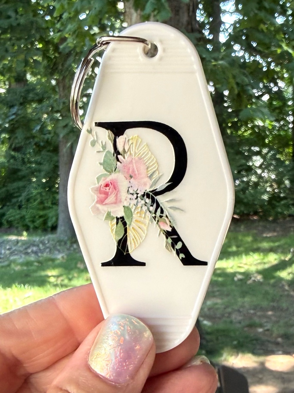 Vintage style motel key 3.5” keychain initial letter “R” gift idea